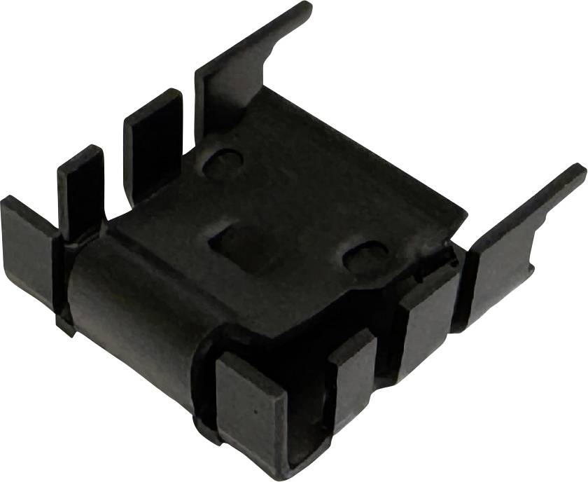 Schwarze Kunststoff-Elektronikkomponente mit Metallstiften, isoliert auf weißem Hintergrund dargestellt.