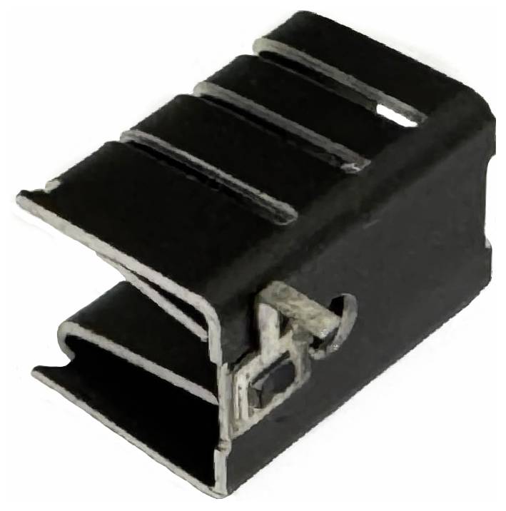 Schwarzer Kunststoff-Elektrostecker mit Metallclip, dargestellt auf weißem Hintergrund.