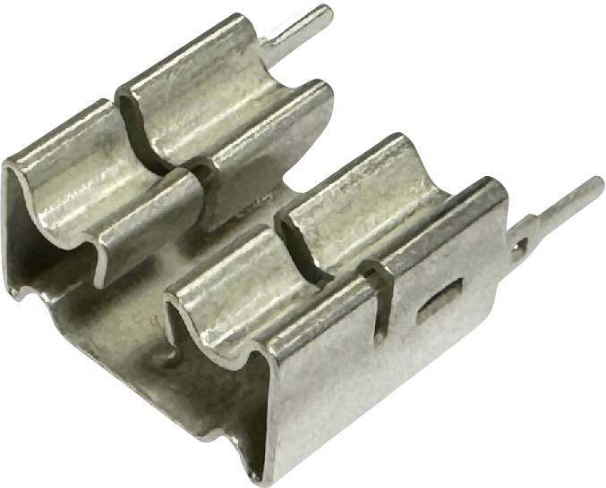 Nahaufnahme eines kleinen Metallfedern-Clips oder Verbinders mit zwei Zinken, isoliert auf weißem Hintergrund dargestellt.