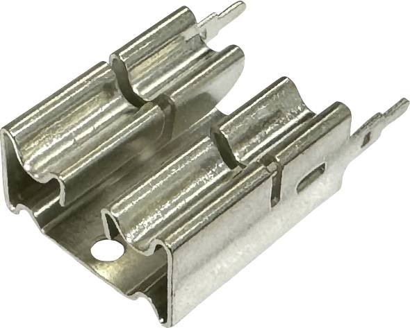 Zwei Metallkabelklemmen oder Federklemmen auf weißem Hintergrund, die zum Halten oder Sichern von Drähten verwendet werden.