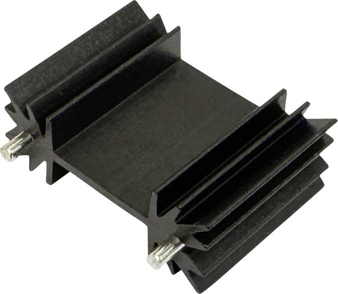 Schwarze Aluminium-Wärmeleitung mit Rippen und zwei Metall-Befestigungsclips auf weißem Hintergrund.