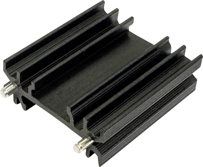 Schwarzfinniger Aluminiumkühlkörper mit zwei Befestigungsschrauben auf weißem Hintergrund.