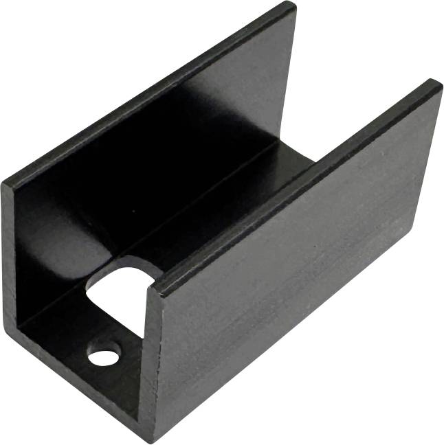 Schwarze U-förmige Metallhalterung mit zwei Seitenplatten und Befestigungslöchern auf weißem Hintergrund.