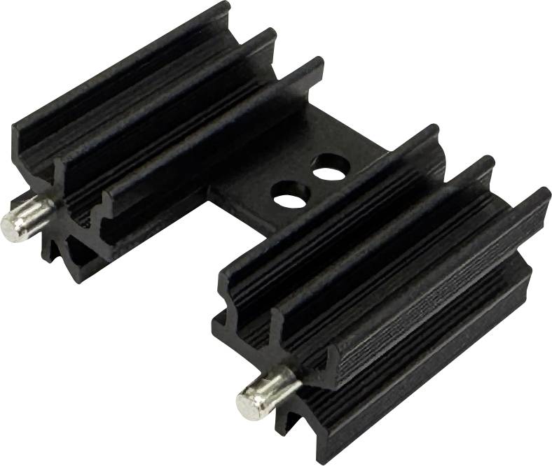 Zwei schwarze Wärmeregler mit Lamellen aus elektronischen Komponenten mit Befestigungslöchern und silbernen Schrauben, gezeigt auf weißem Hintergrund.