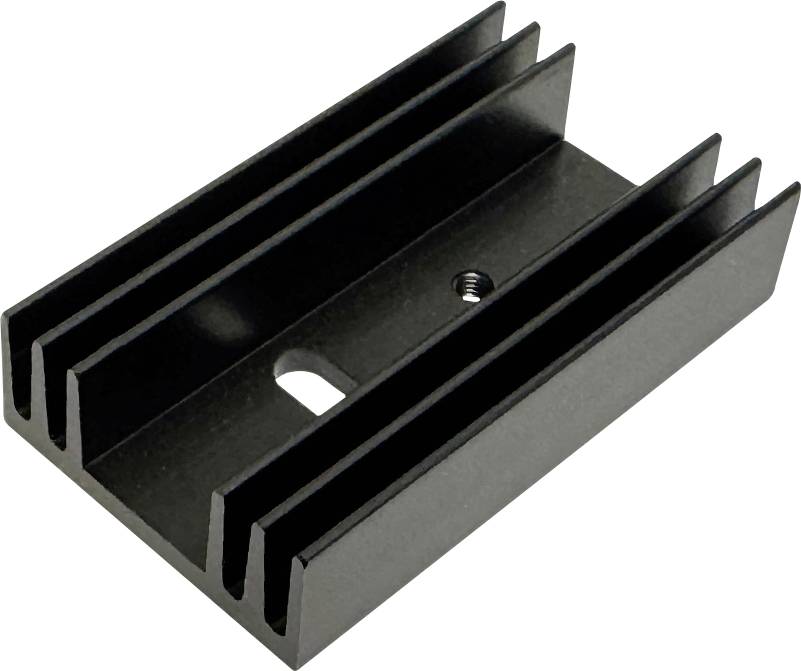Schwarzer Aluminiumkühlkörper mit Rippen und einem zentralen Befestigungsloch, isoliert auf weißem Hintergrund dargestellt.