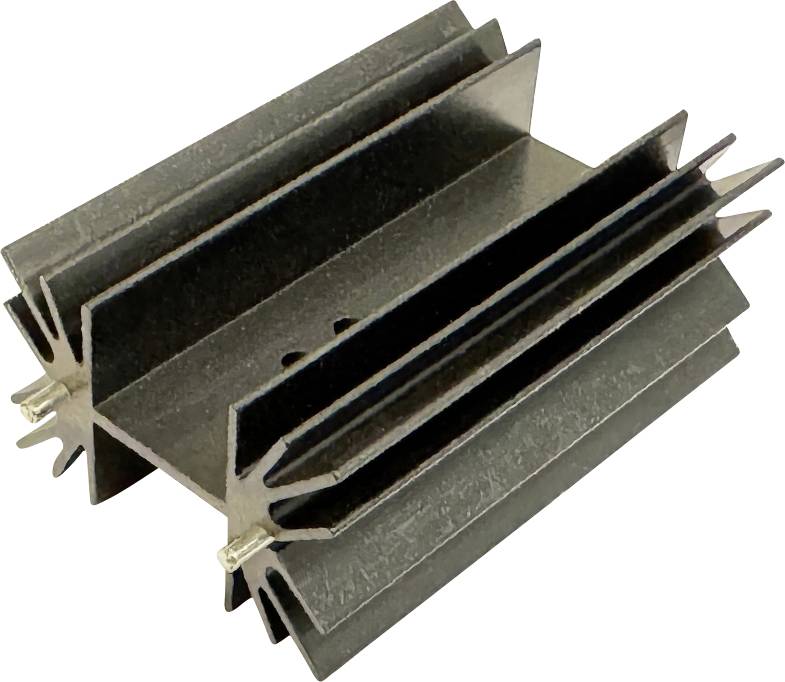 Dunkelmetalliges Kühlkörper-Bauteil mit Lamellen und rechteckigem zentralem Körper sowie vorstehenden Kühllamellen auf beiden Seiten.