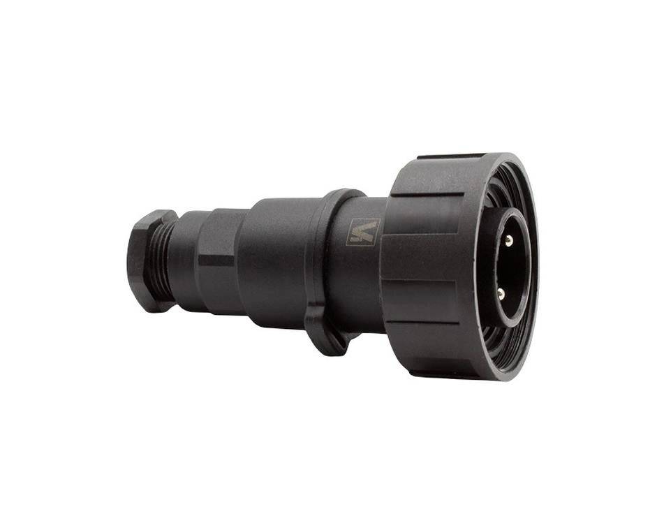 Schwarzer zylindrischer Elektrostecker mit Gewinde an den Enden, isoliert auf weißem Hintergrund dargestellt.