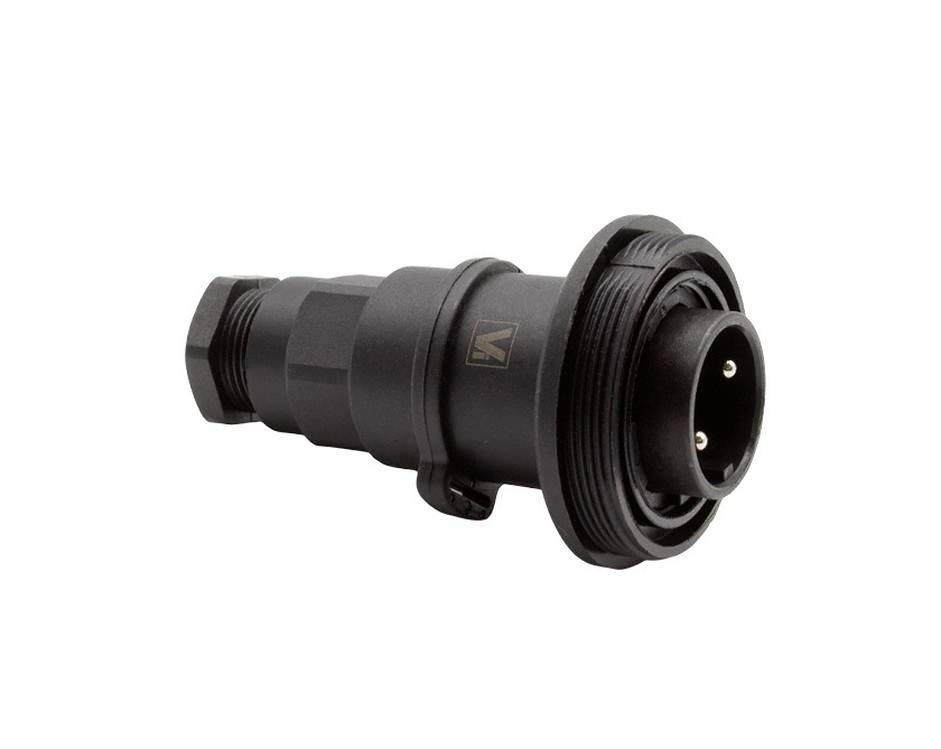 Schwarzer zylindrischer elektrischer Stecker oder Stecker mit Gewinde vorne und zwei Metallkontaktstiften auf weißem Hintergrund.
