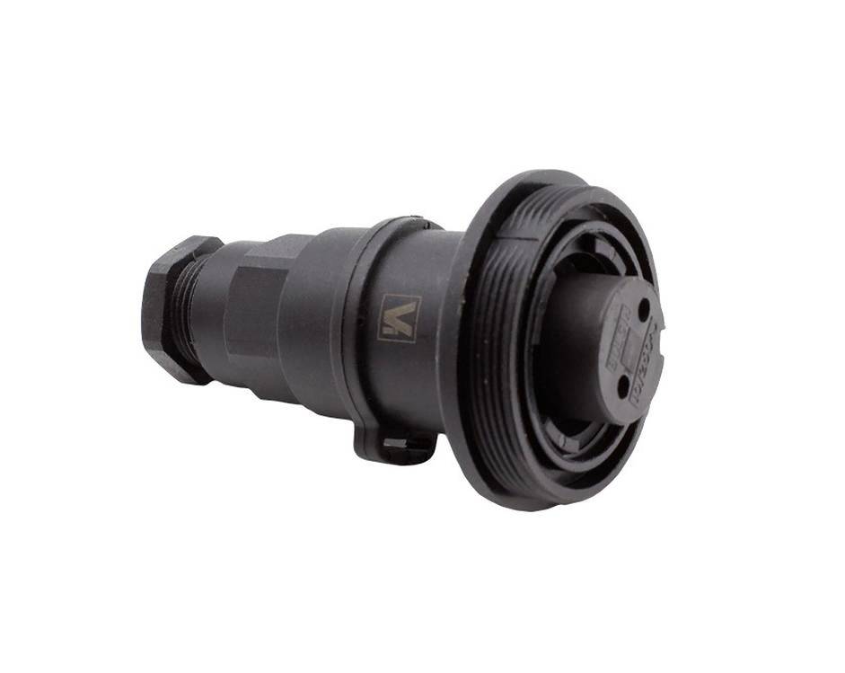 Schwarzer zylindrischer Elektrostecker mit Gewindeverbindung an der Vorderseite, dargestellt auf weißem Hintergrund.