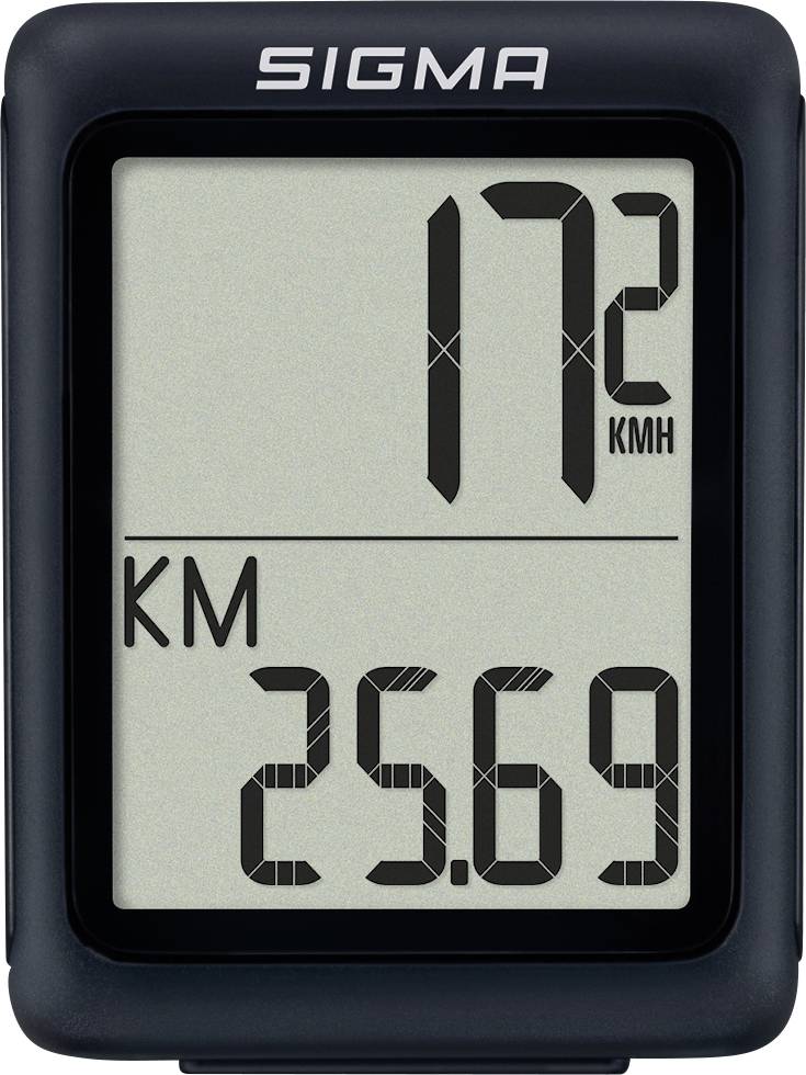 Sigma-Fahrradcomputer-Display zeigt Geschwindigkeit 17,2 km/h und Entfernung 25,69 km an.