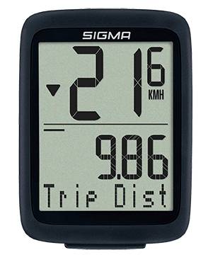 Digitaler SIGMA Fahrradcomputer zeigt eine Geschwindigkeit von 21 km/h und eine Fahrstrecke von 9,86 an.