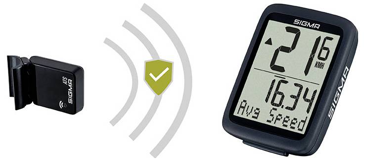 Kabelloses Geschwindigkeitsmessgerät für Fahrräder und Fahrradcomputer mit grünem Schildsymbol, das eine sichere Verbindung anzeigt.