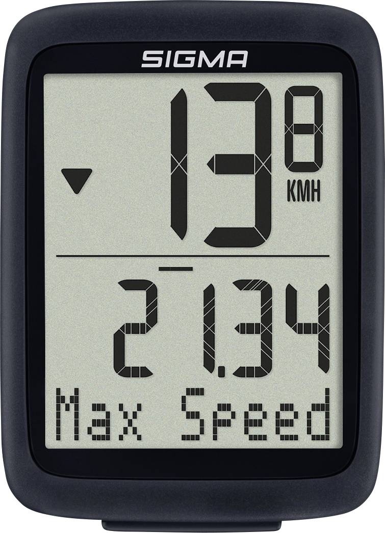 Sigma digitales Tachometer zeigt 13 km/h an und maximale Geschwindigkeit 21,34 km/h.