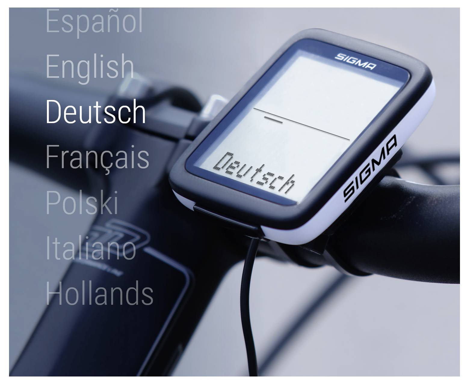 Sigma-Fahrradcomputer auf dem Lenker montiert, zeigt „Deutsch