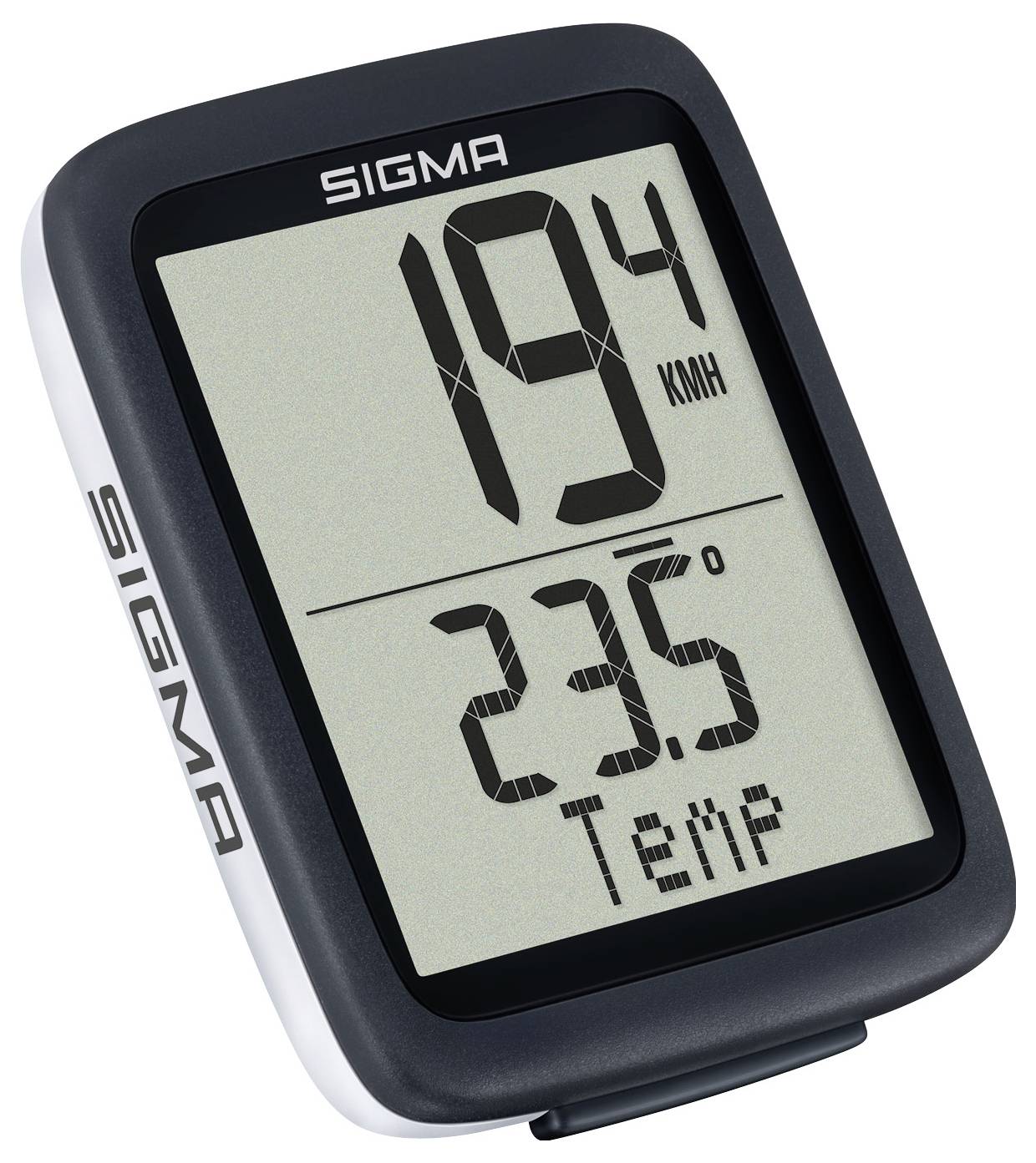 Digitale SIGMA-Geräte-Anzeige zeigt Geschwindigkeit 19,4 km/h und Temperatur 23,5°C an.