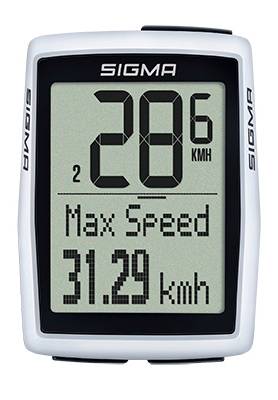 Sigma-Fahrradcomputer-Display zeigt aktuelle Geschwindigkeit 28,6 km/h und Höchstgeschwindigkeit 31,29 km/h an.