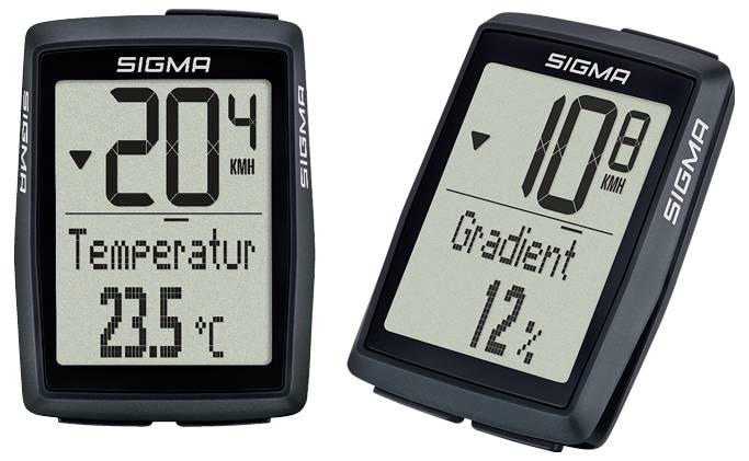 Zwei Sigma-Fahrradcomputer mit Anzeigen für Geschwindigkeit, Temperatur und Steigung; links zeigt 20,4 km/h und 23,5°C, rechts zeigt 10,8 km/h und 12% Steigung.