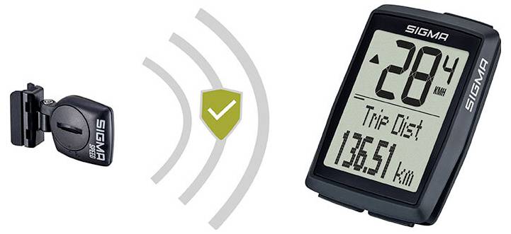 Drahtloses Fahrradsensor mit genehmigtem Signalsymbol, das Daten an einen Sigma-Fahrradcomputer sendet, der eine Fahrtentfernung von 136,51 km anzeigt.