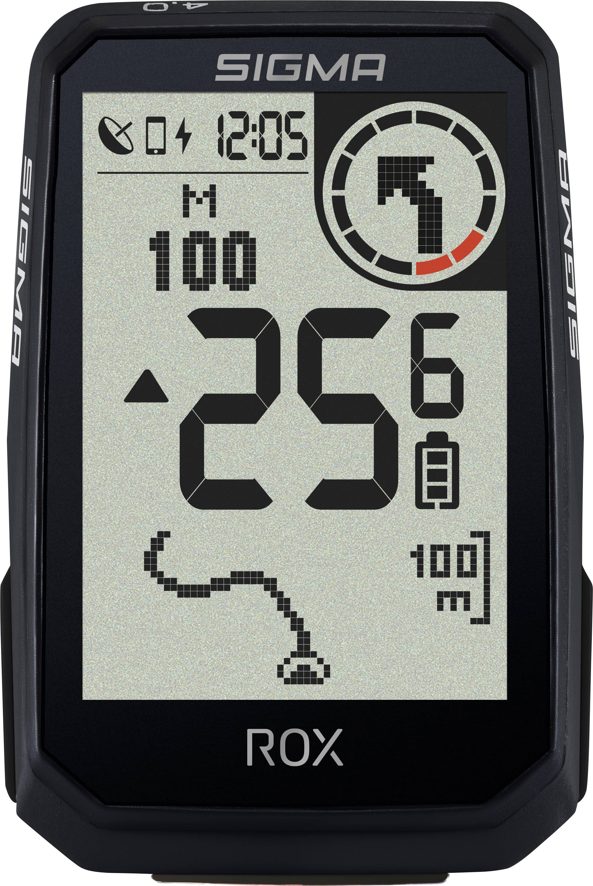 Sigma ROX Fahrradcomputer-Display zeigt 25,6 km/h, 100 m Höhe, 12:05 und eine Routenkarte mit Abbiegungspfeil und Batterieindikator an.