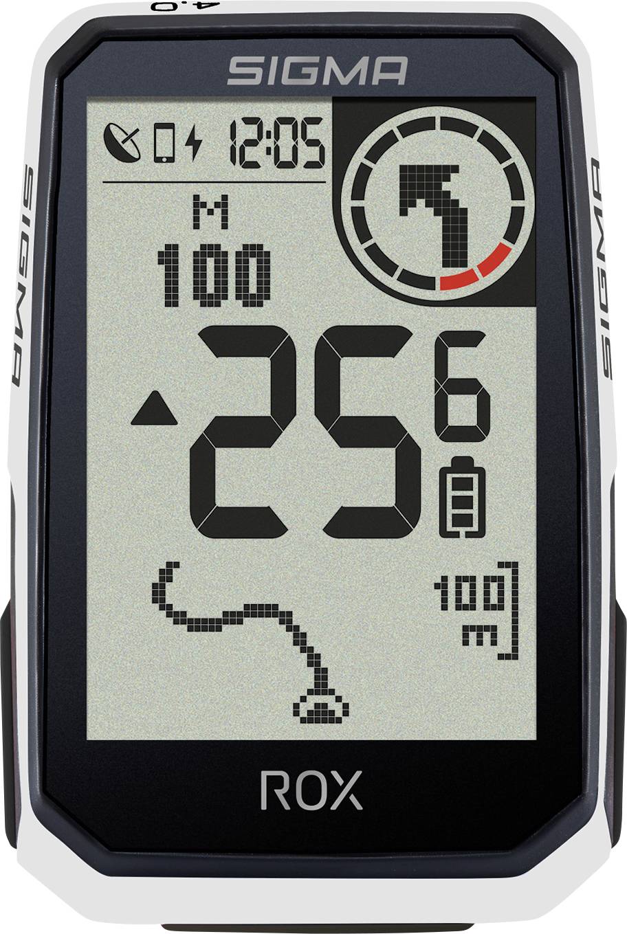 Sigma ROX Fahrradcomputer-Display zeigt 25,6, M 100, Zeit 12:05, Navigationspfeil, Batterie und Strecken-/Trackindikator an.