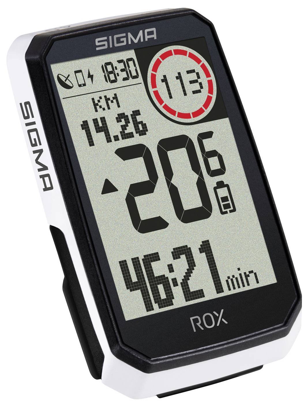 Digitale Fahrradcomputer-Anzeige zeigt Geschwindigkeit 20,6 km/h, Entfernung 14,26 km, Zeit 46:21 und einen rot eingekreisten Messwert von 113.