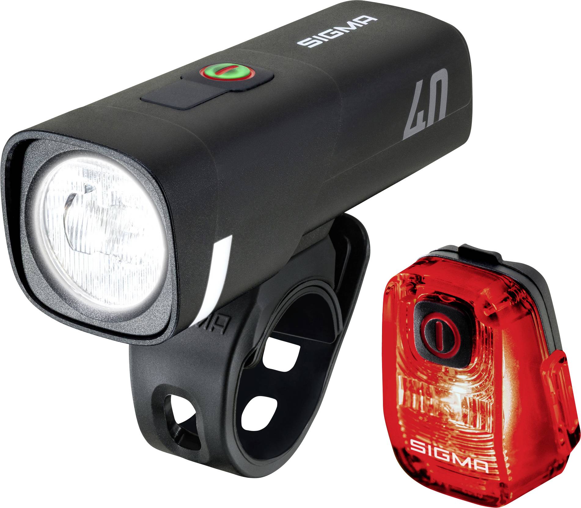 Schwarze Sigma-Fahrradlampe vorne und rote Rücklicht-Leuchte, auf weißem Hintergrund dargestellt.