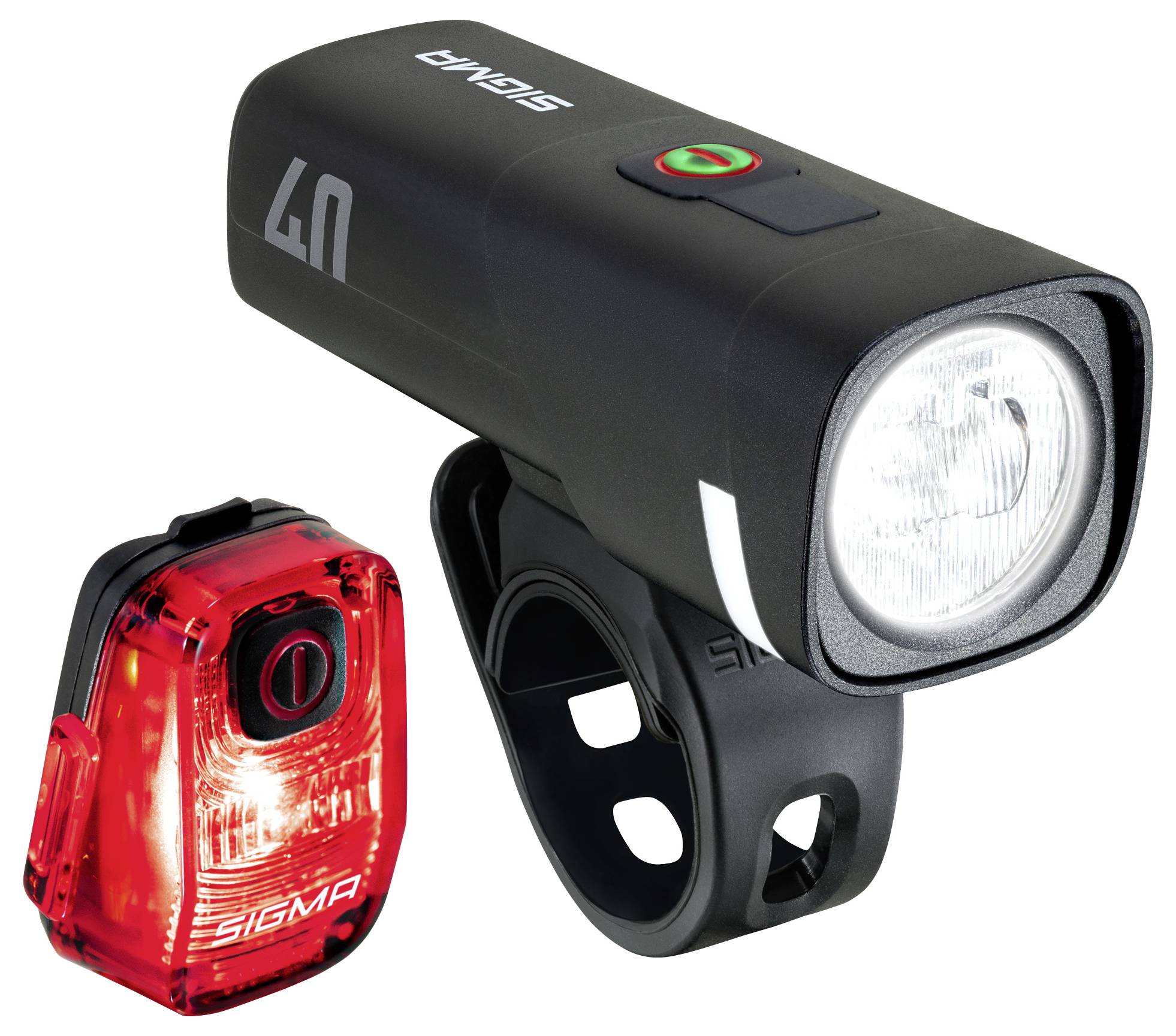 Schwarzes Fahrradscheinwerferlicht mit Halterung und rotes Rücklicht, beide der Marke Sigma, auf weißem Hintergrund dargestellt.