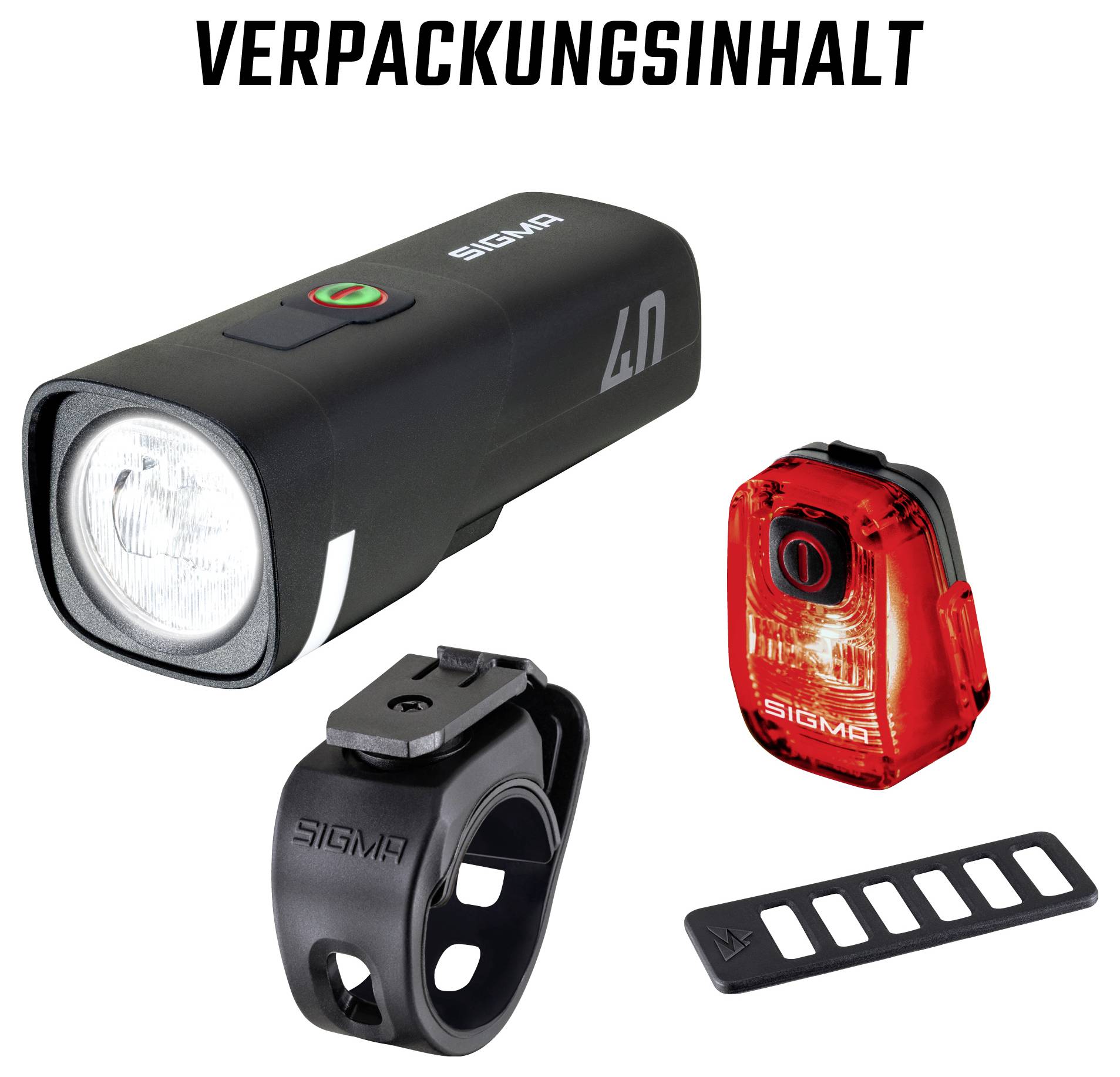 Verpackungsinhalt: schwarze Sigma-Frontleuchte, rote Rückleuchte, Halterung und Gummiband/Zubehörteile.