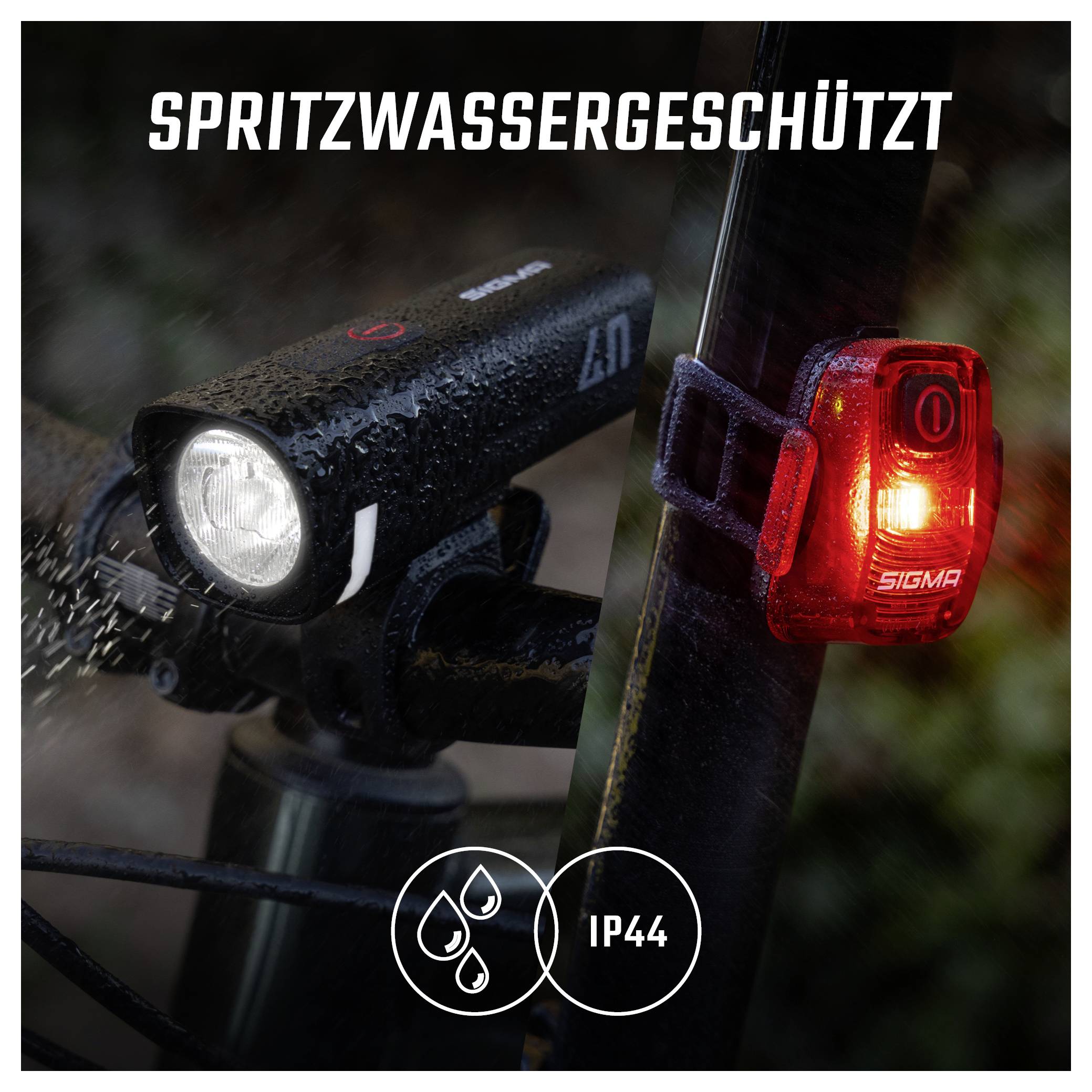 Fahrradbeleuchtung mit Vorder- und Rücklicht im Regen; Text 'SPRITZWASSERGESCHÜTZT' und Symbol 'IP44' zeigen Spritzwasserschutz.