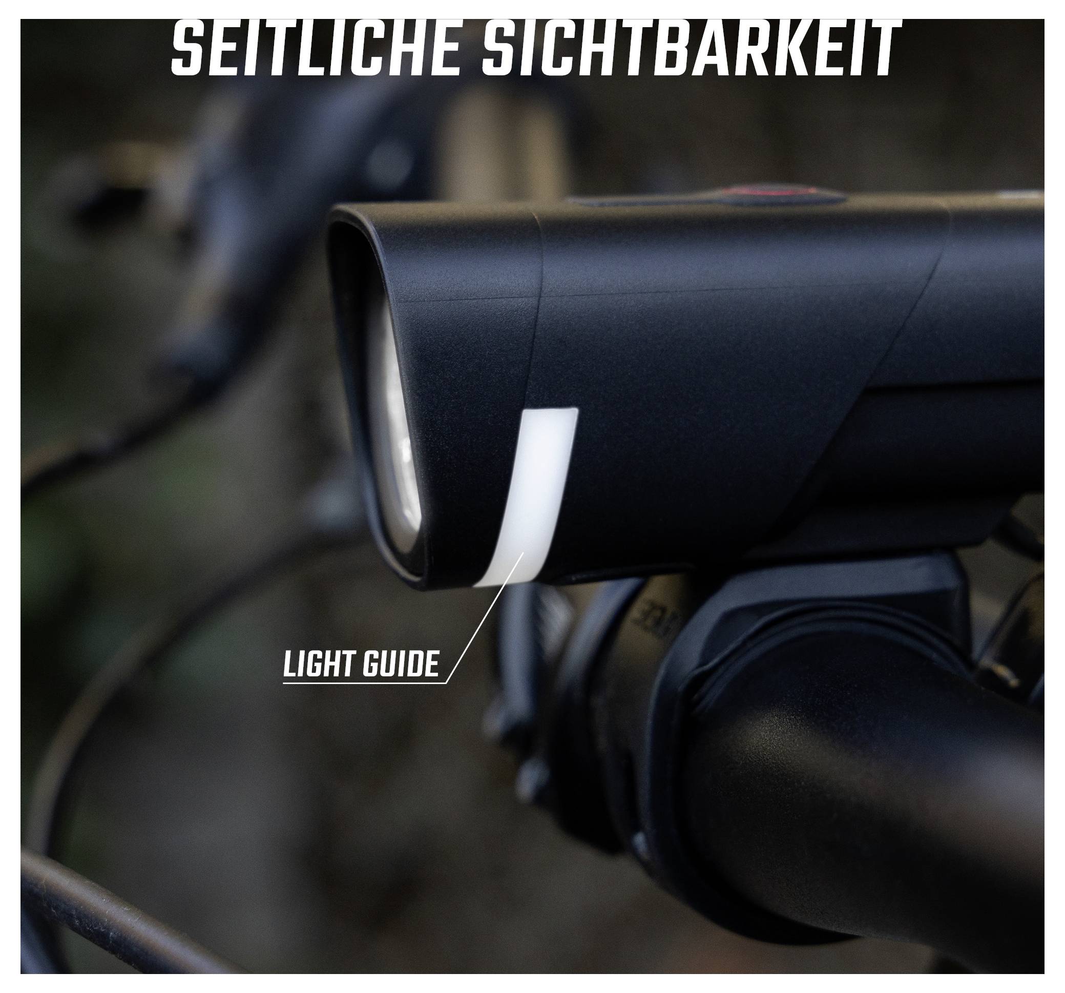 Nahaufnahme eines Fahrradlichts mit Hinweis auf 'SEITLICHE SICHTBARKEIT' und markiertem 'LIGHT GUIDE' zur besseren Seitenwahrnehmung.