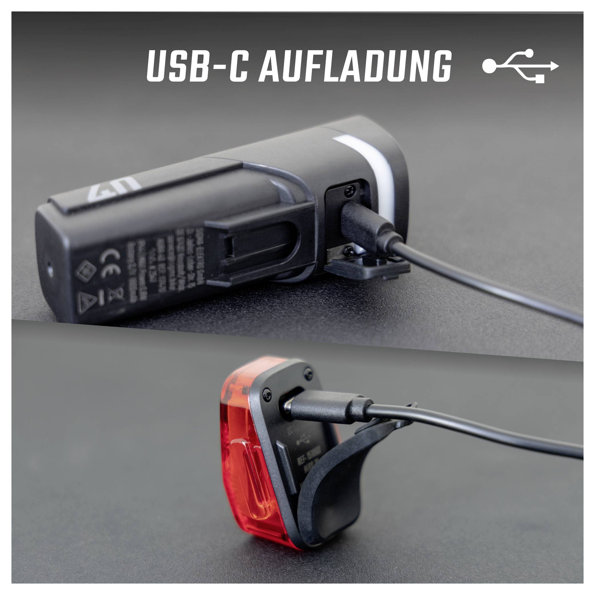 Zwei Ansichten einer Fahrrad-Rückleuchte mit USB-C-Ladeanschluss und eingestecktem Kabel; oben der Ladeport, unten die rote Leuchte im Ladebetrieb.