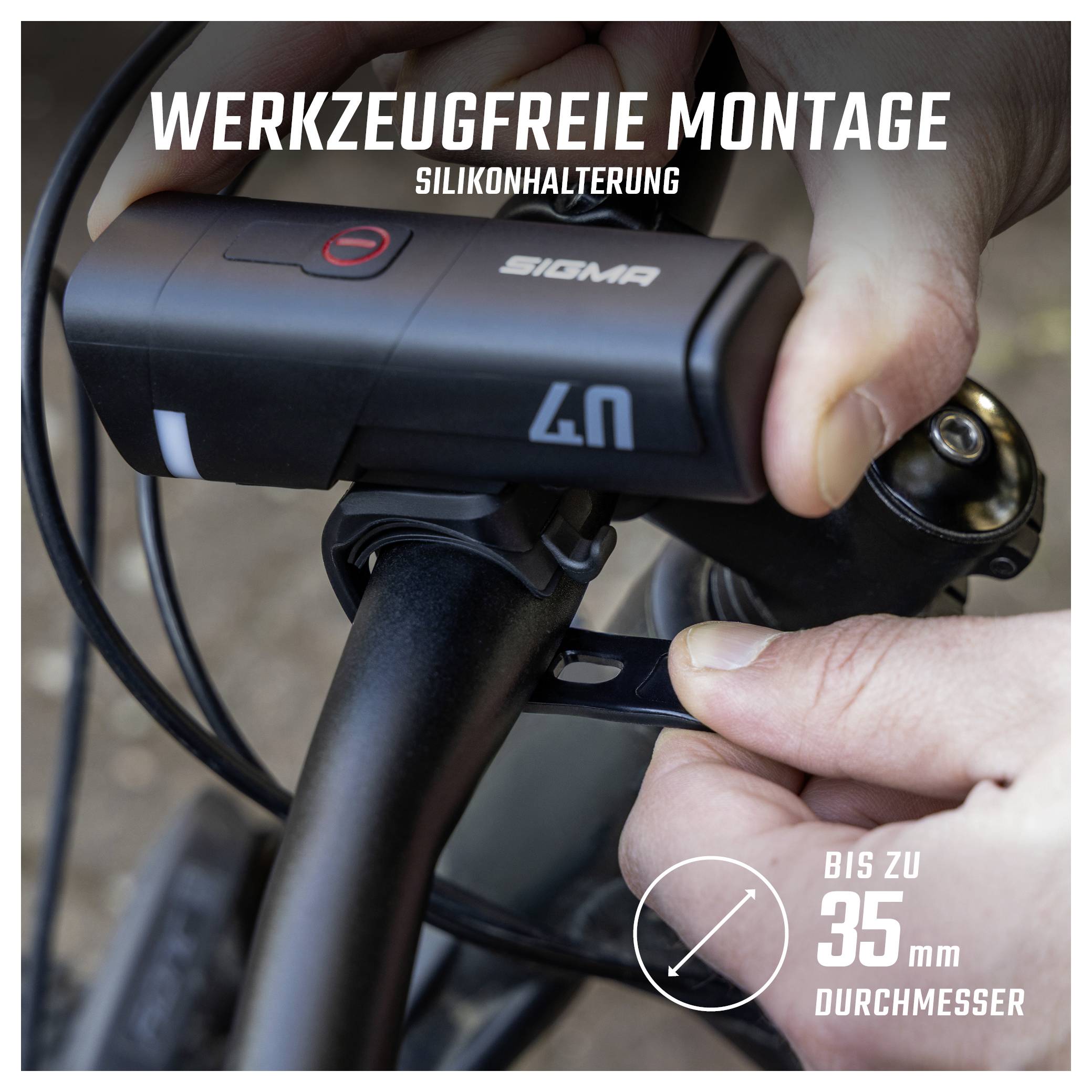 Montage einer Sigma-Fahrradlampe am Lenker mit silikonhaltiger, werkzeugfreier Befestigung; geeignet für Lenker bis 35 mm Durchmesser.