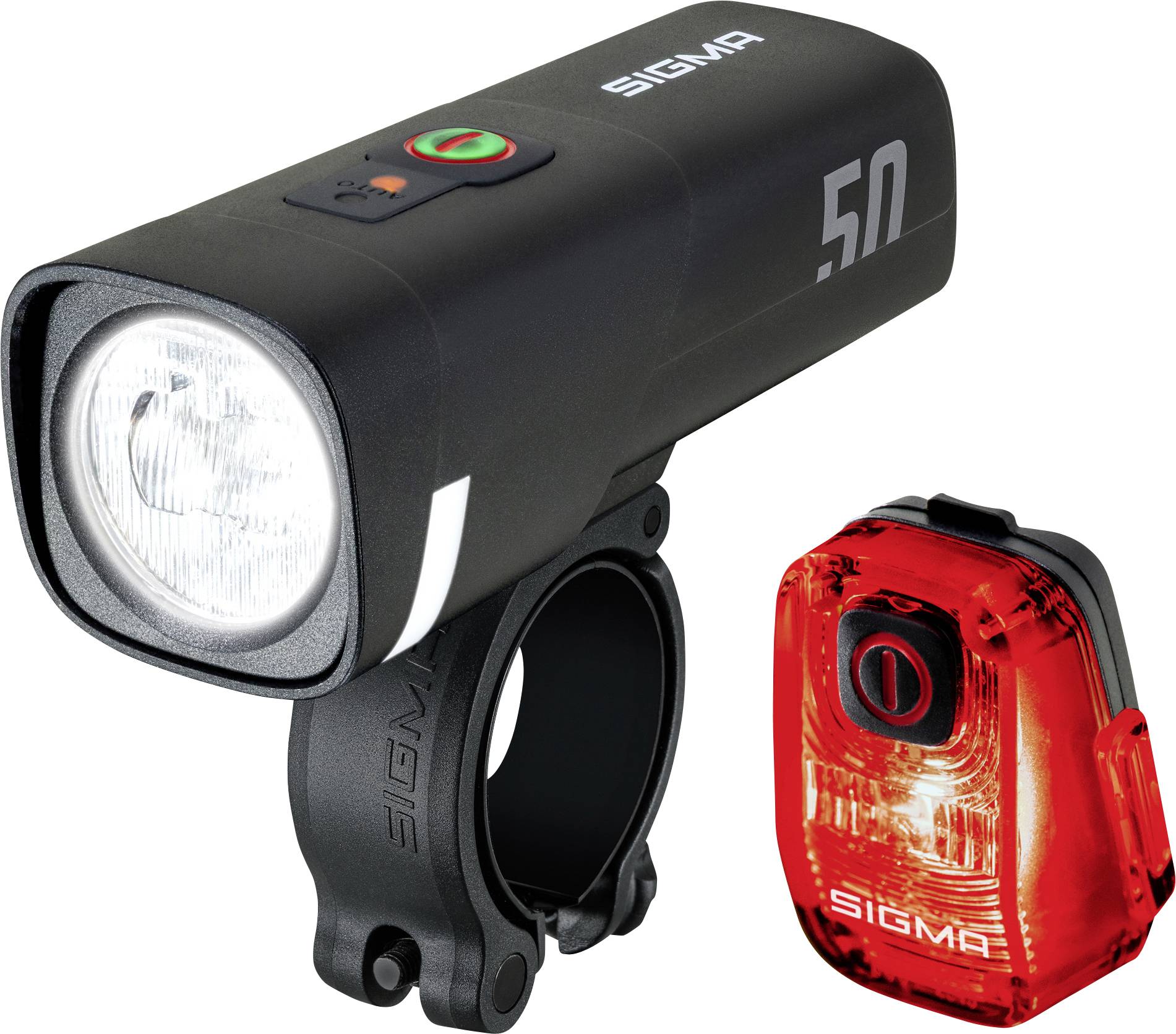 Schwarze Sigma-Fahrradbeleuchtung mit Lenkerstange-Halterung und passender roter Rücklicht auf weißem Hintergrund.