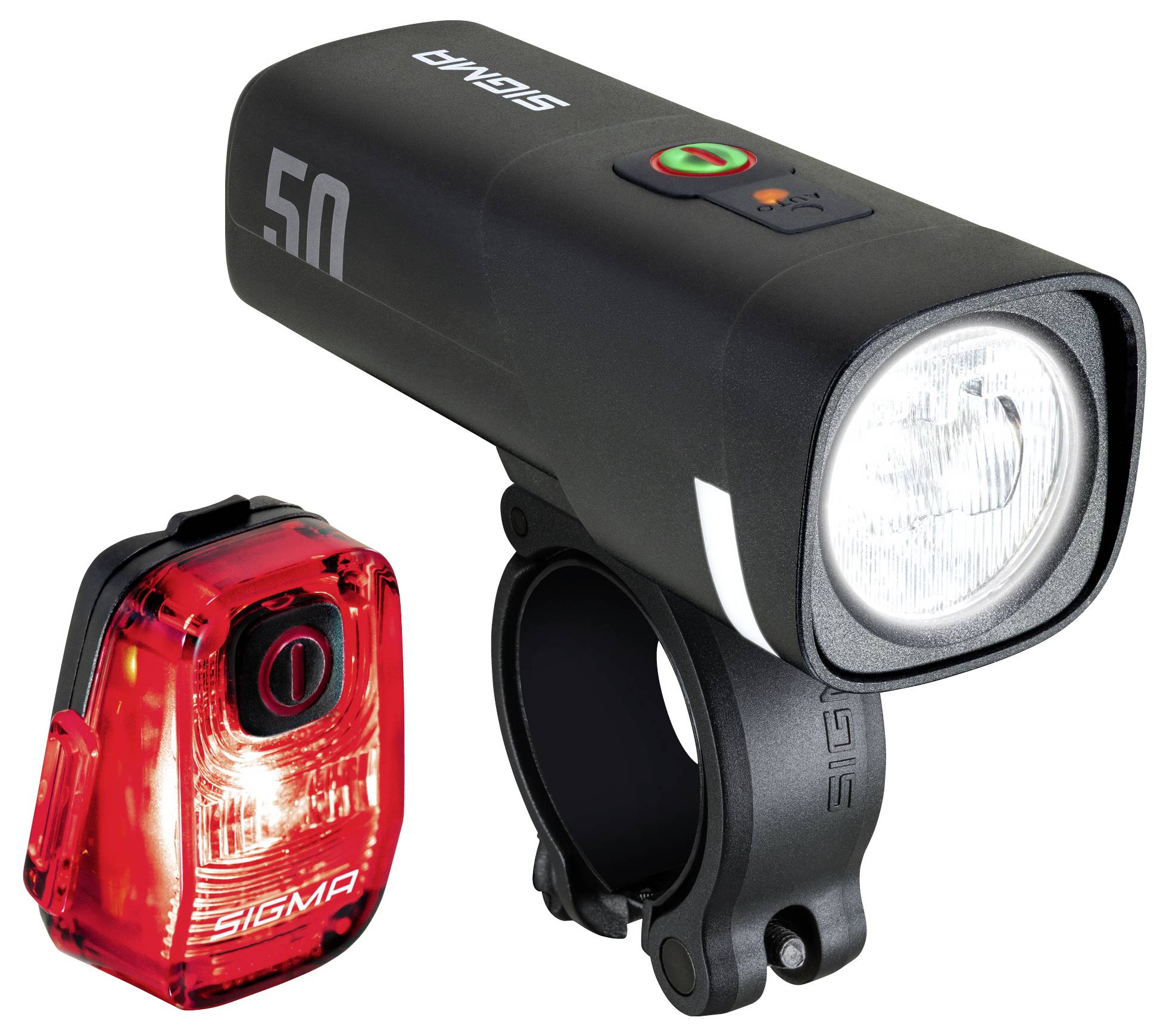 Schwarze Sigma-Fahrradlampe mit Halterung und rotes Rücklicht, dargestellt auf weißem Hintergrund.