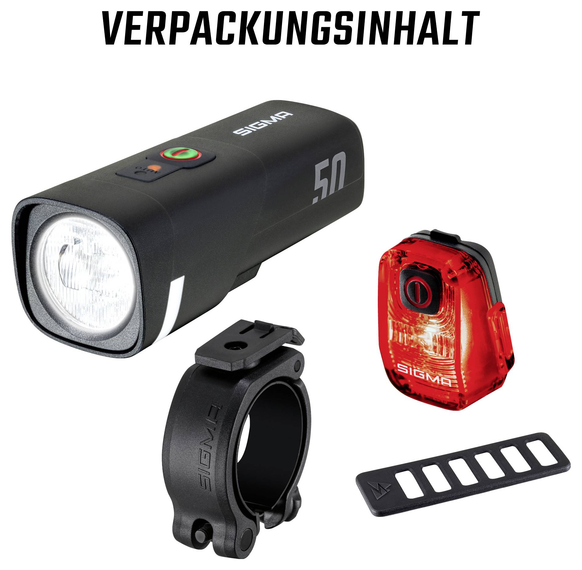 Set für Fahrradbeleuchtung: schwarze Frontlampe, rote Rückleuchte, Lenkerhalterung und Gummistreifen, oben mit 'VERPACKUNGSINHALT'