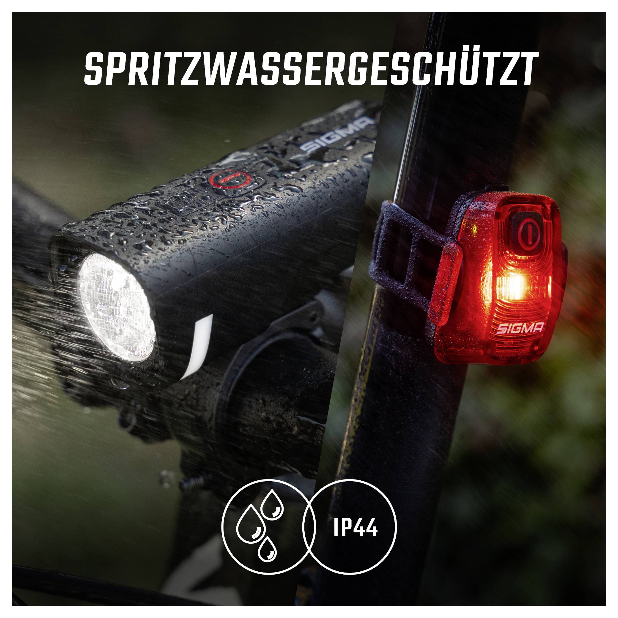 Fahrradlicht mit Front- und Rückleuchte an einem Rad, als 'spritzwassergeschützt' gekennzeichnet; IP44-Symbol zeigt Wetterfestigkeit.