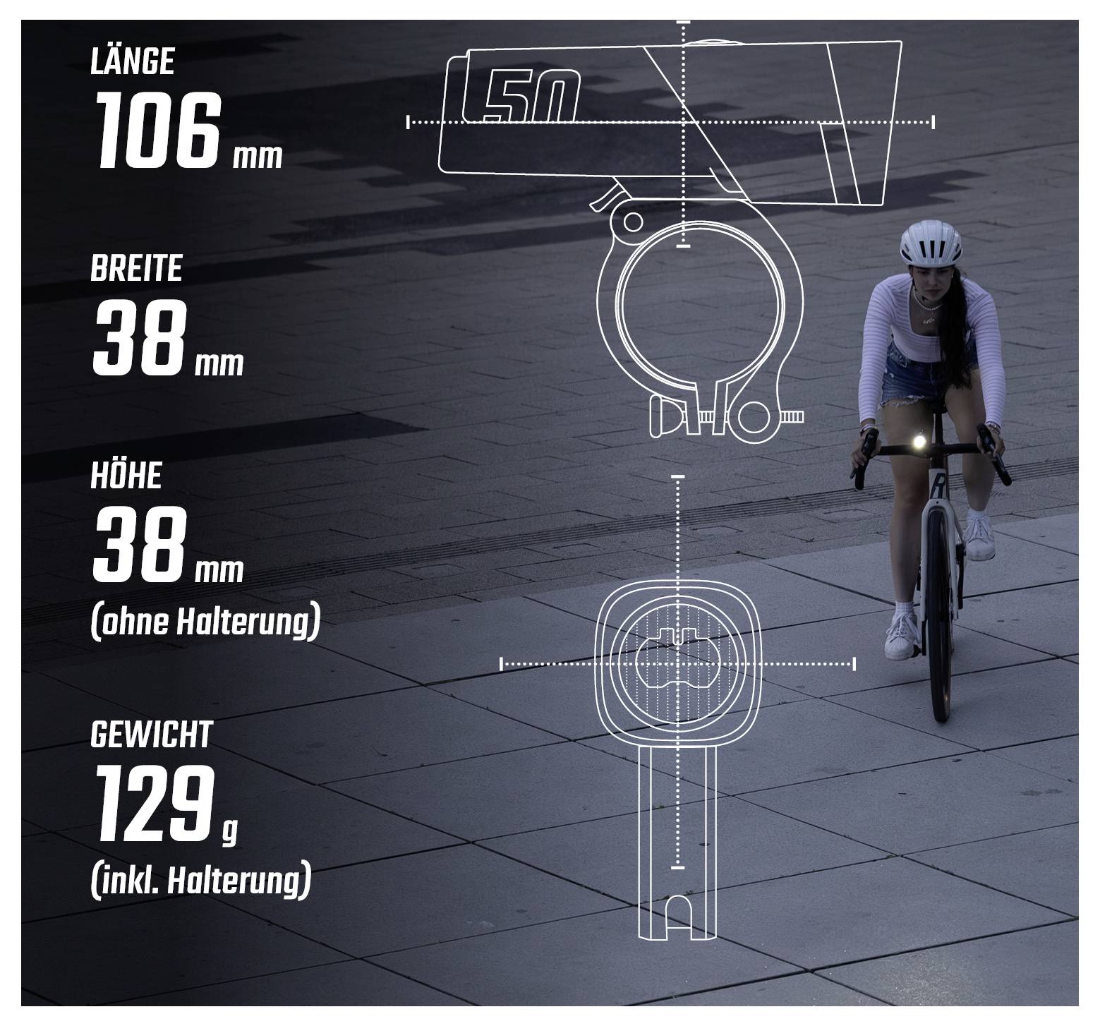 Produktgrafik eines Fahrradscheinwerfers mit Fahrerin; links die Daten: Länge 106 mm, Breite 38 mm, Höhe 38 mm ohne Halterung, Gewicht 129 g inklusive Halterung.