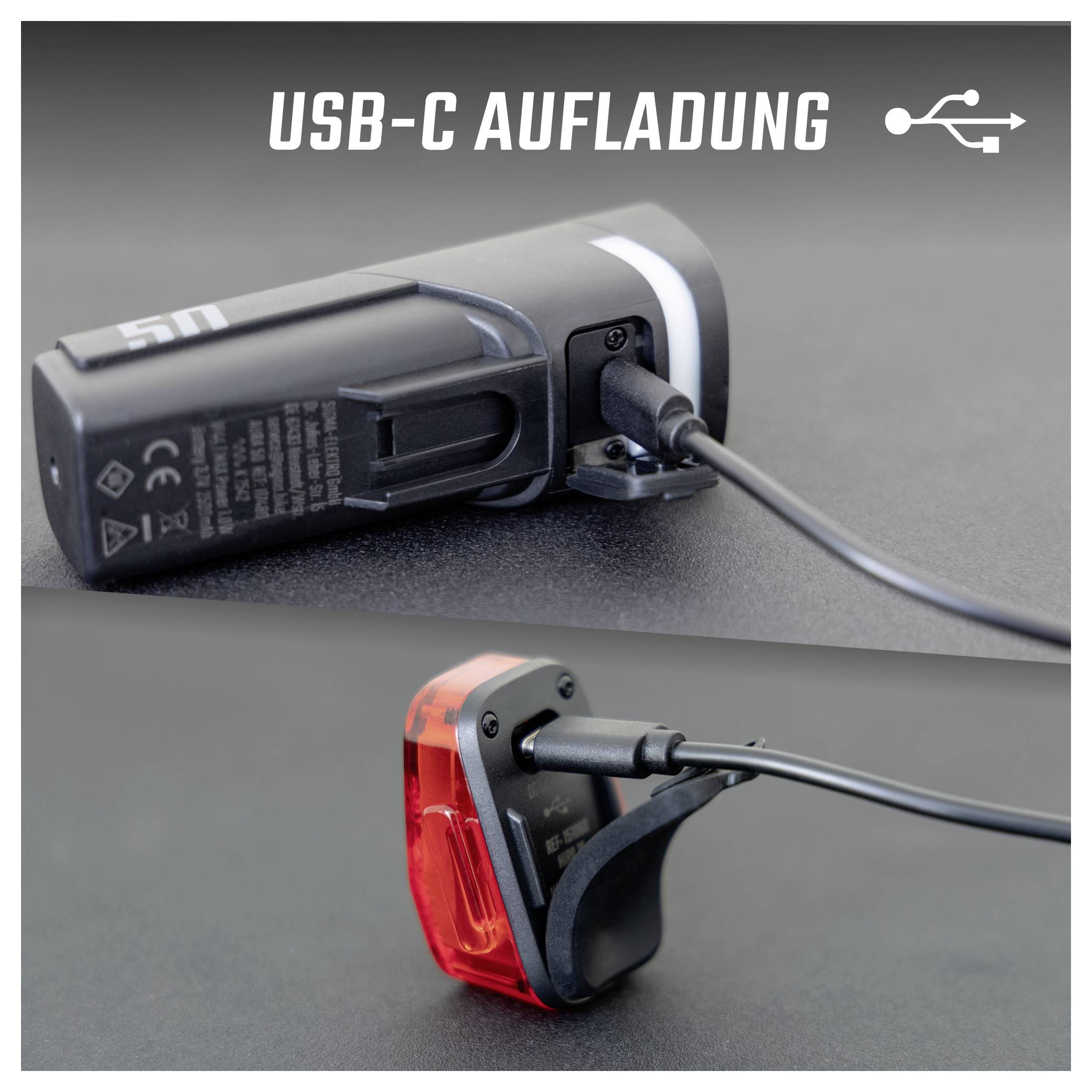 Zweiteiliges Bild einer Fahrradlampe mit USB-C-Ladekabel; oben Anschluss an schwarzer Lampe, unten rote Rückleuchte beim Laden.