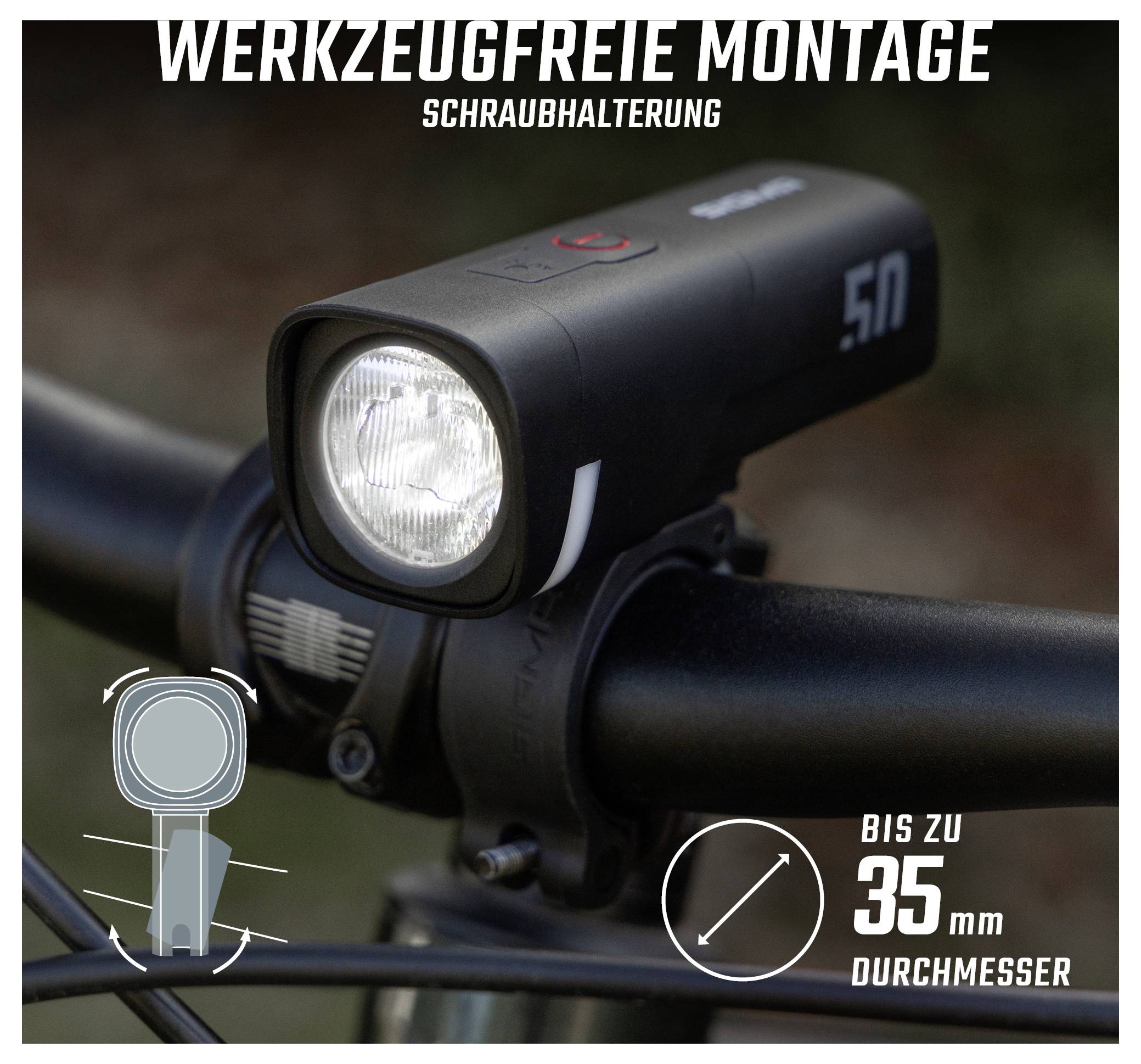 Fahrradlampe mit Werkzeugmontage per Schraubhalterung am Lenker; geeignet für Lenker bis 35 mm Durchmesser.