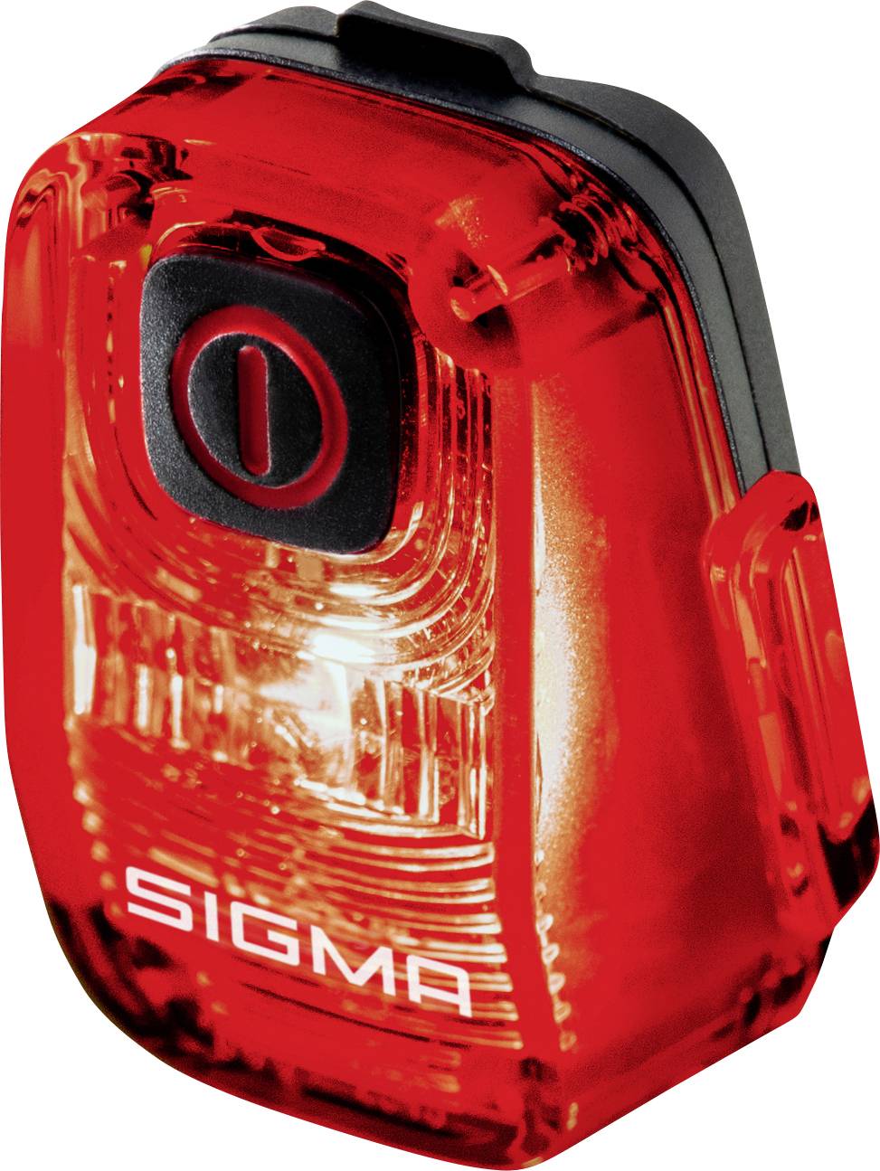 Red Sigma Rücklicht mit schwarzem oberen Knopf und durchscheinender roter Linse auf weißem Hintergrund.