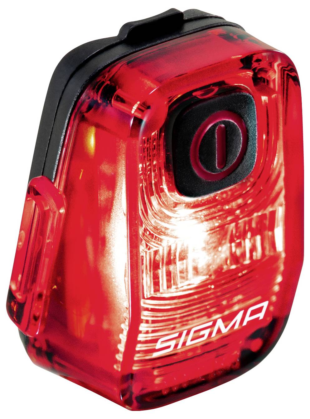 Rotes Sigma-Fahrradrücklicht mit schwarzer Montagebasis und zentralem Netzschalter auf weißem Hintergrund.