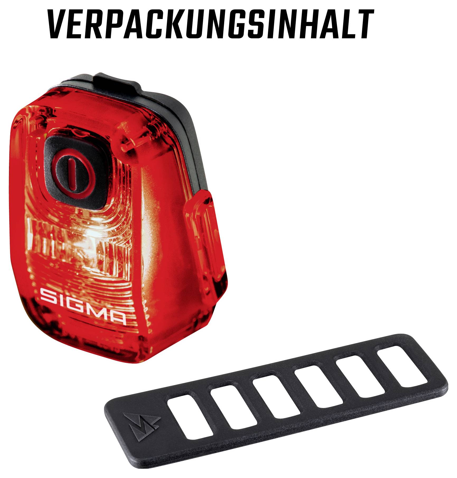Rotes Sigma-Rücklicht für Fahrräder mit schwarzer Halterung; oben steht 'VERPACKUNGSINHALT'.