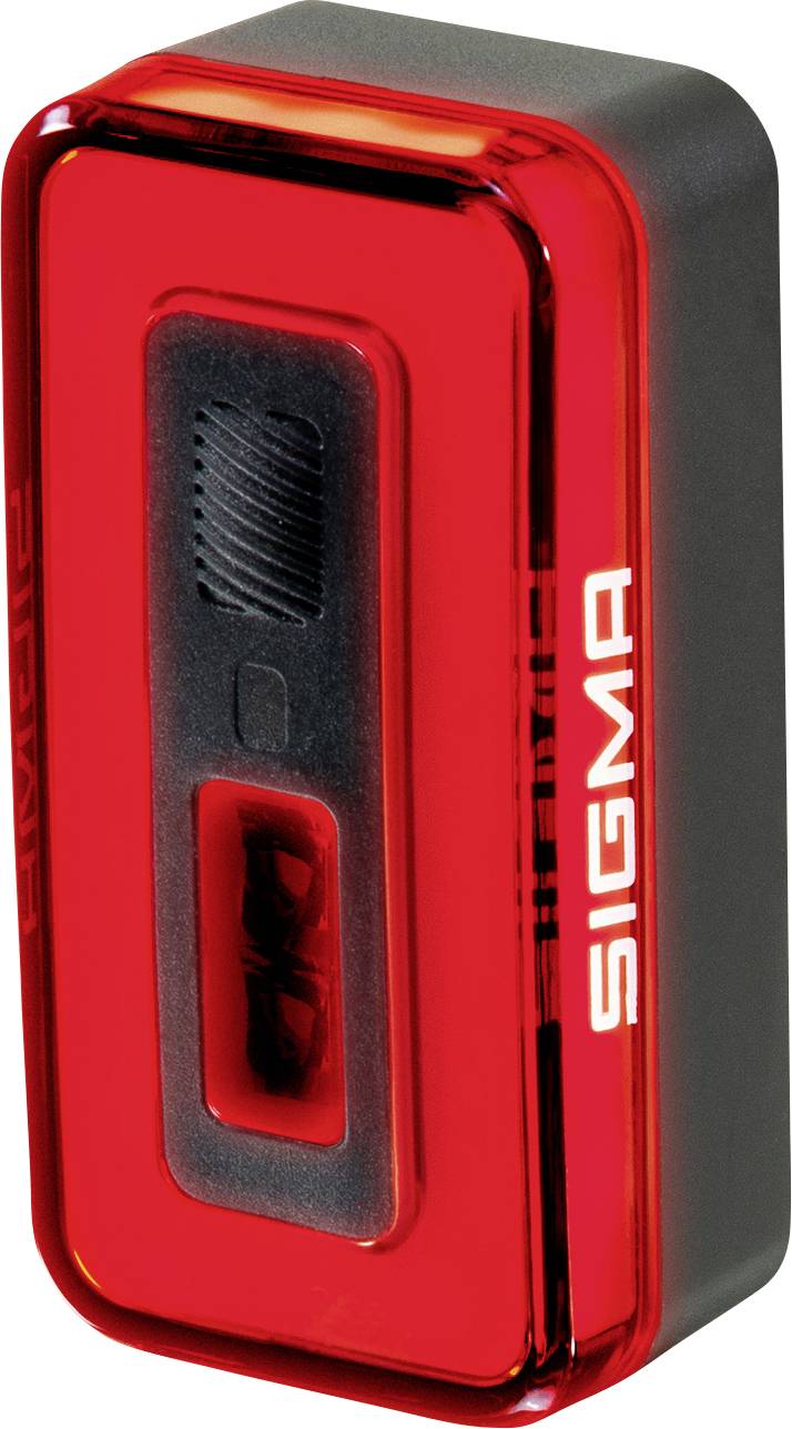 Rotes Sigma-Rücklicht für Fahrräder mit transluzenter roter Linse und schwarzem Gehäuse, gezeigt auf weißem Hintergrund.