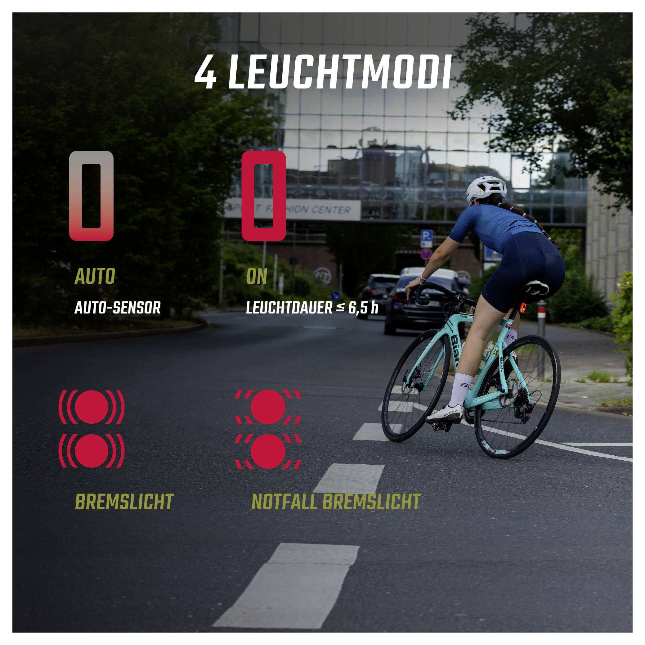 Werbegrafik mit Radfahrerin nachts auf Straße; zeigt Fahrradlicht im '4 LEUCHTMODI': AUTO, ON, Bremslicht und Notfall-Bremslicht.