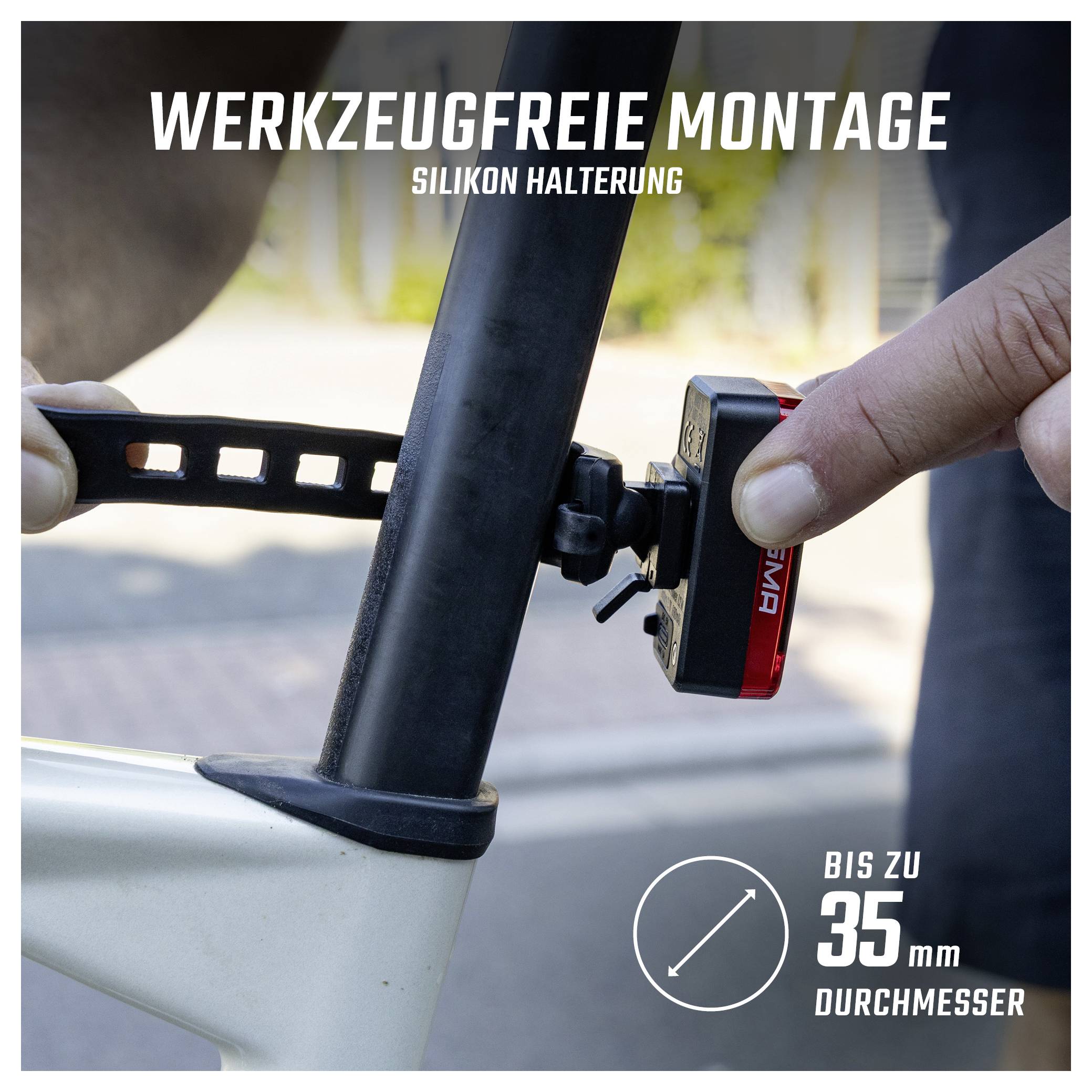 Werbetext zeigt werkzeugfreie Montage einer Silikonhalterung an einem Rohr; geeignet für Durchmesser bis 35 mm.