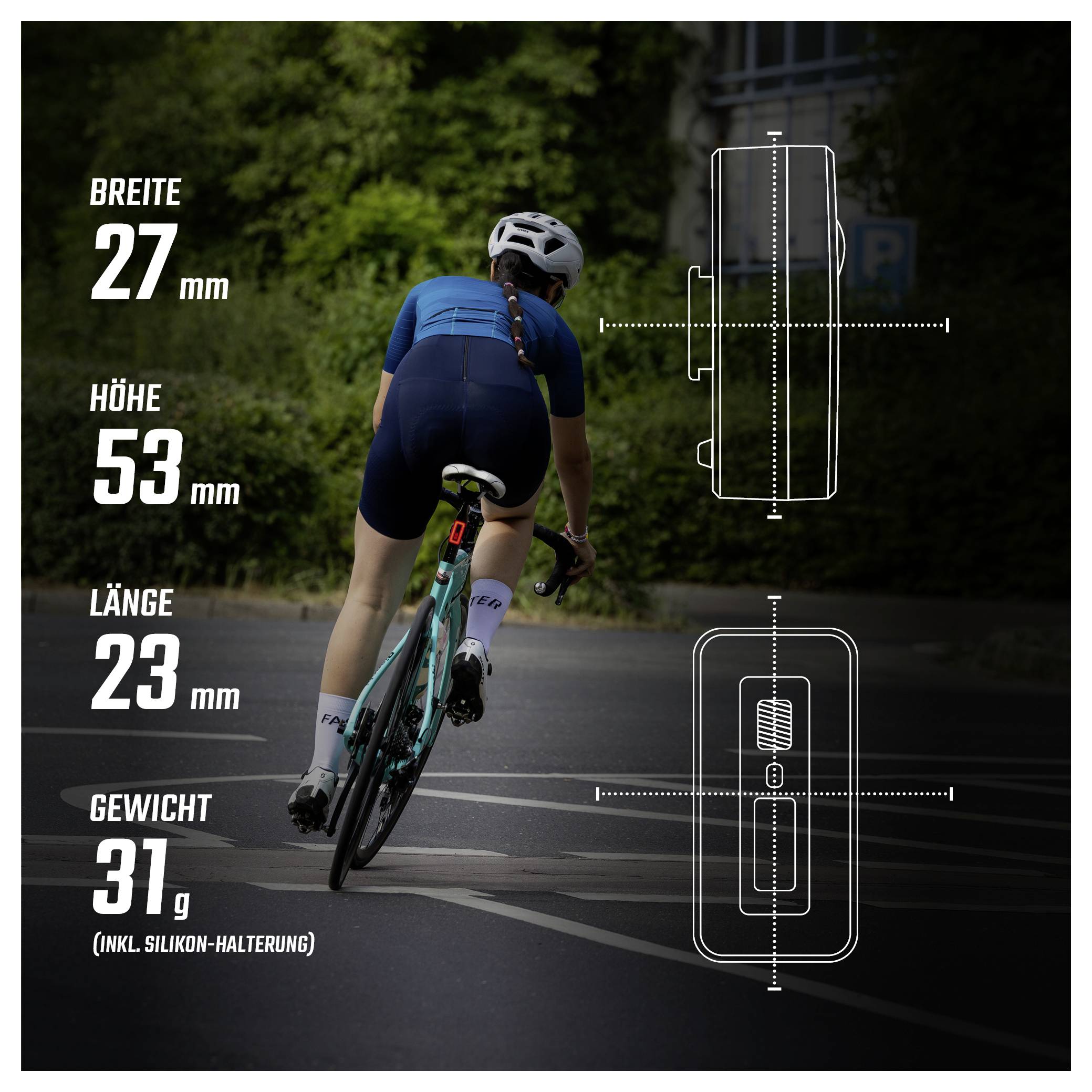 Werbegrafik eines Fahrrad-Senders an einem Rennradfahrer: Maße 27 mm breit, 53 mm hoch, 23 mm lang, Gewicht 31 g inkl. Silikon-Halterung; technische Maßskizzen rechts.