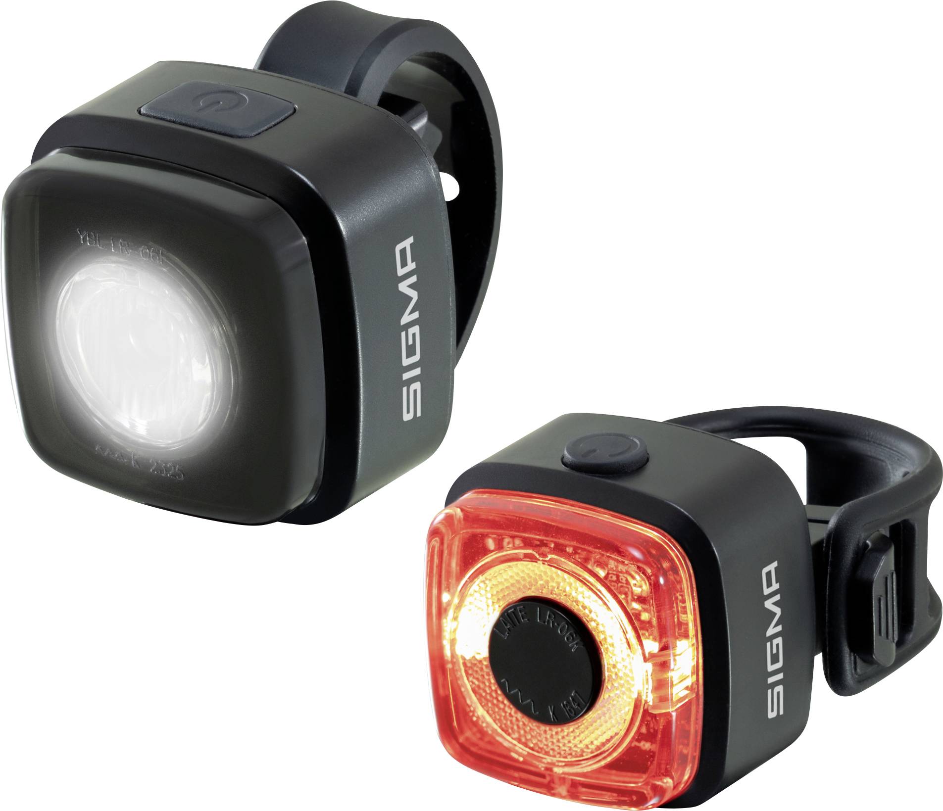 Zwei Sigma-Fahrradlichter auf weißem Hintergrund: ein schwarzes Frontlicht mit weißem Licht und ein rotes Rücklicht mit Befestigungsgurten.
