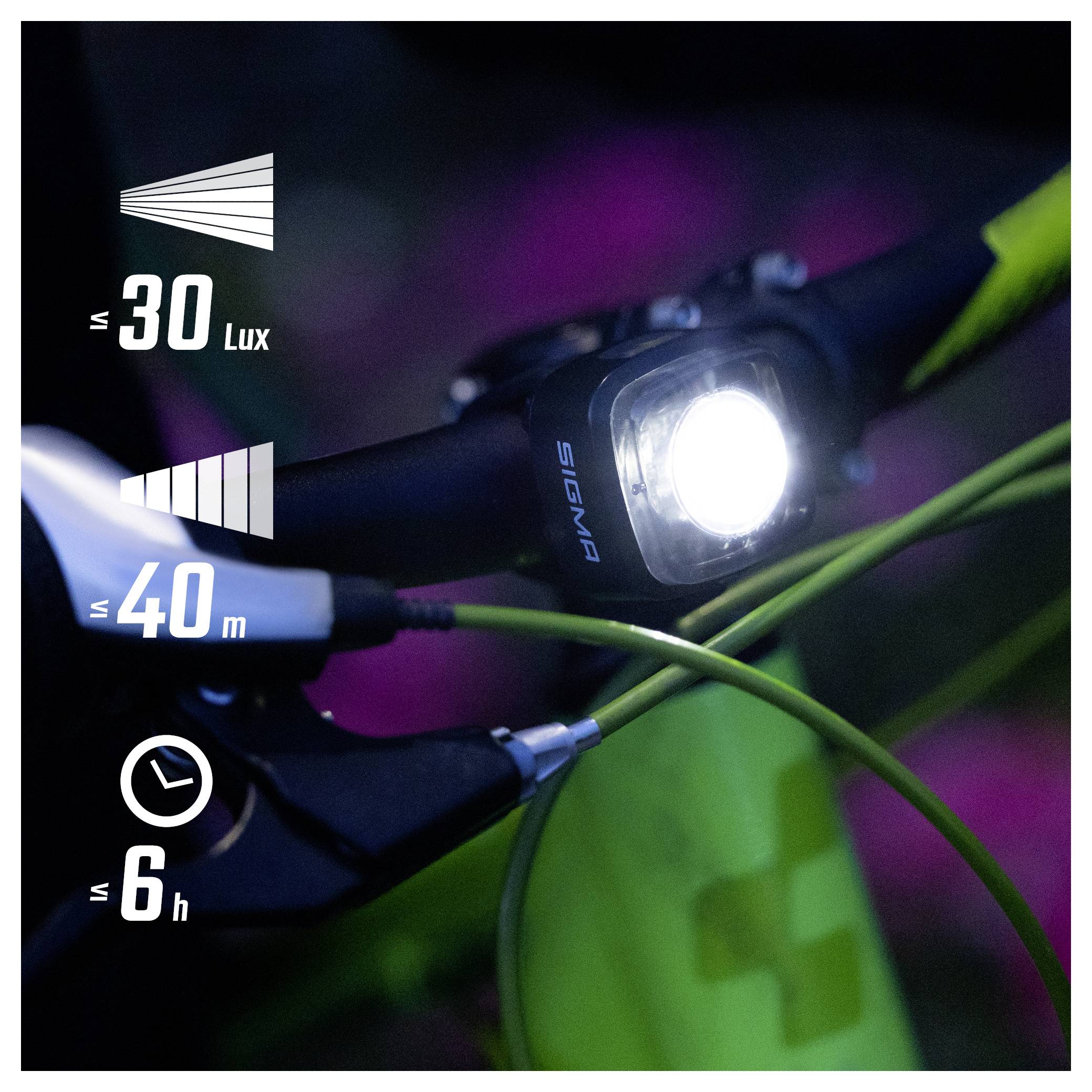 Nahaufnahme einer leuchtenden Sigma-Fahrradlampe mit Angaben zu Reichweite: bis 30 Lux, bis 40 m und bis 6 h Laufzeit.