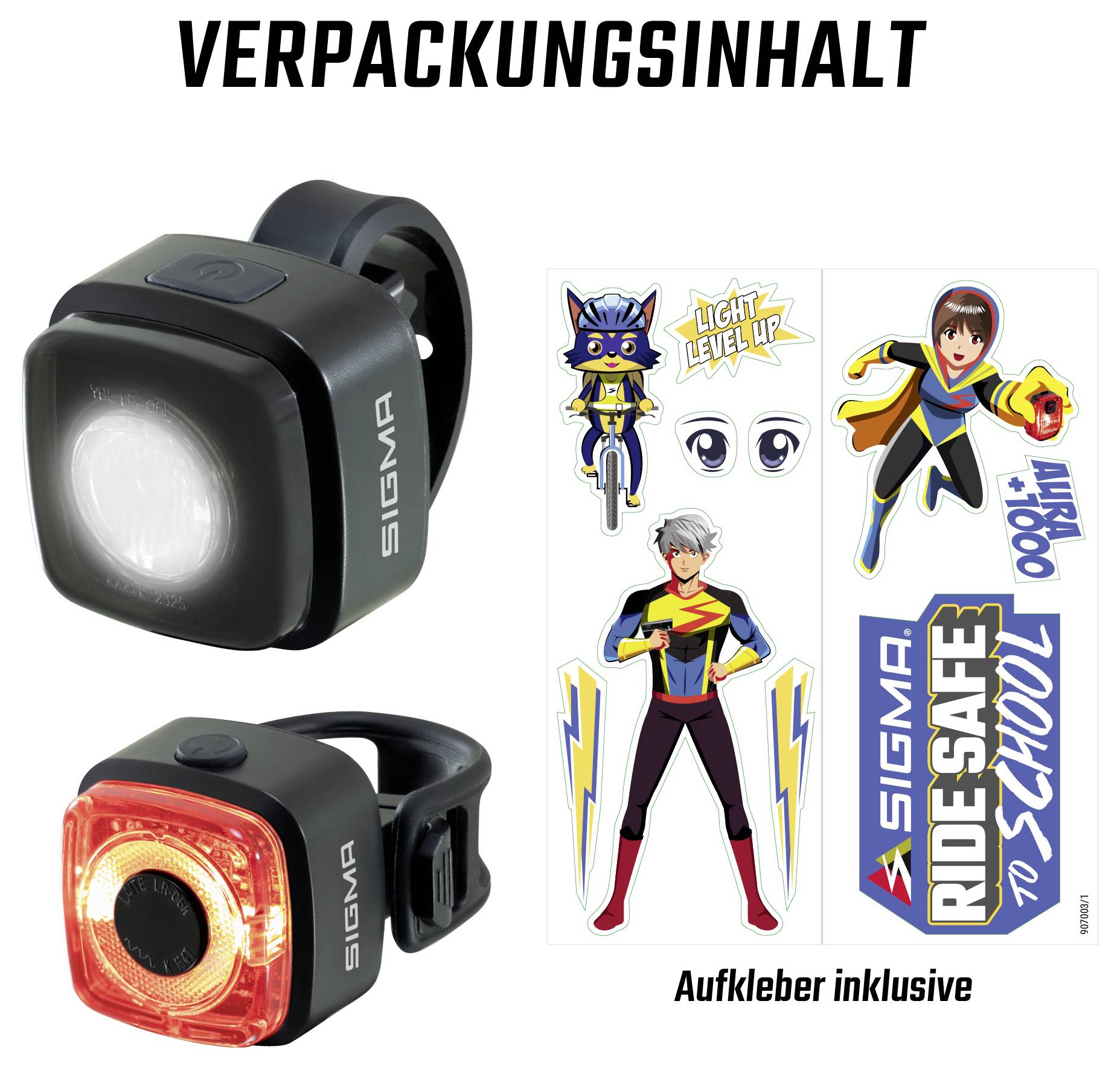 Produktabbildung mit zwei SIGMA-Leuchten für Fahrrad/Lauf: vorne weiße Frontleuchte, unten rote Rückleuchte; rechts inklusive Aufkleber mit Comicfiguren.