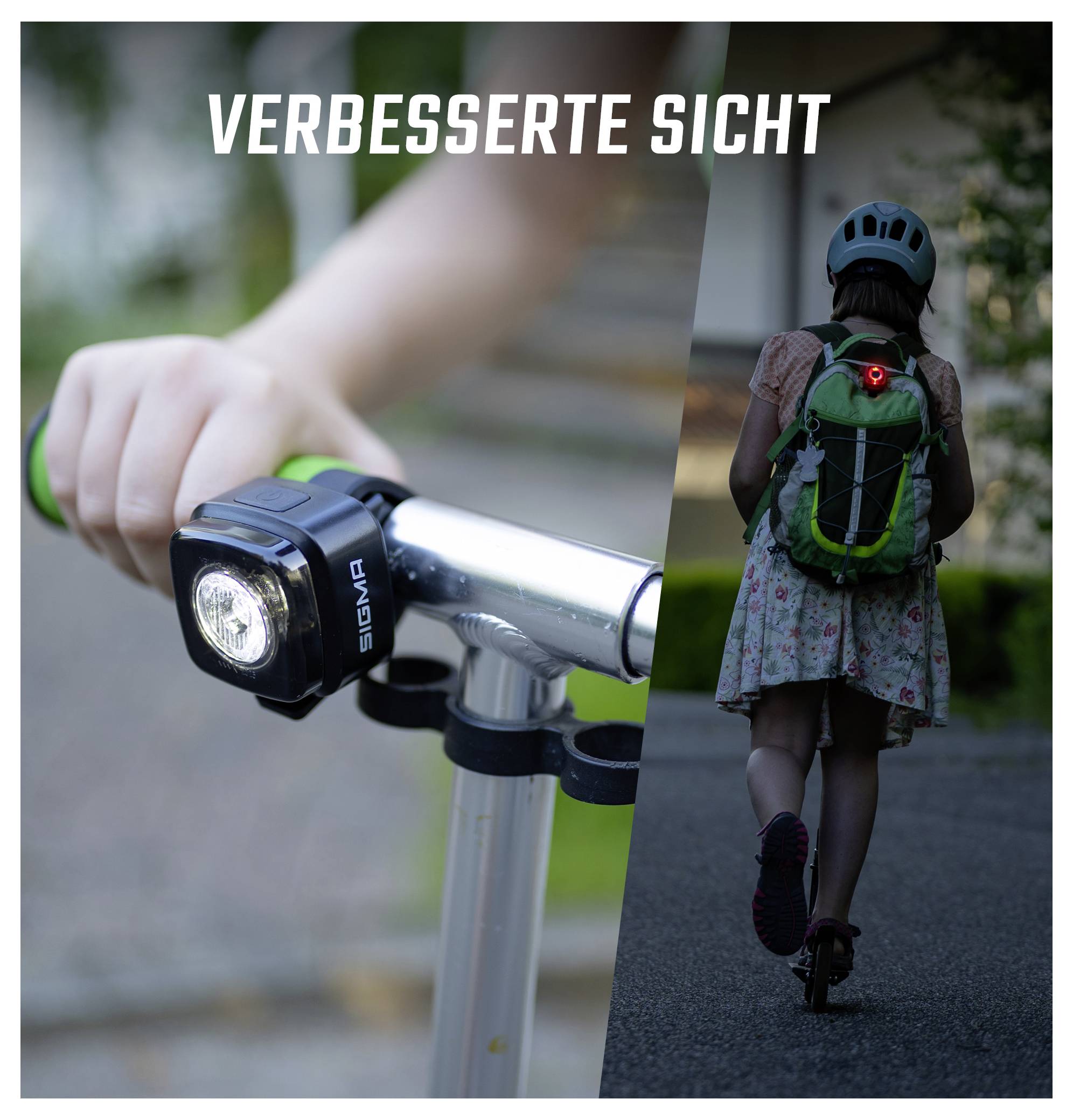 Fahrradlicht am Lenker und Rücklicht am Rucksack: 'VERBESSERTE SICHT' betont bessere Sichtbarkeit einer Radfahrerin im Dunkeln.